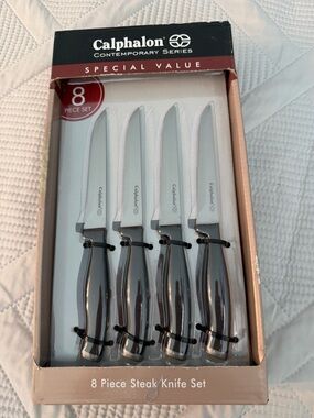 Calphalon Stainless Steel Serated Steak Knife Set - Silver w/Black Handles NEW